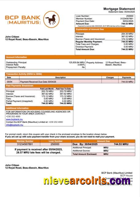 Mauritius BCP Bank (Mauritius) Limited mortgage statement Word and PDF template